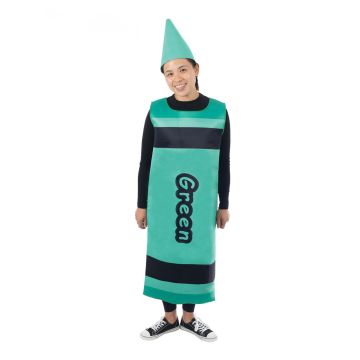 Adult green crayon costume with overhead tabard and pointed tip hat