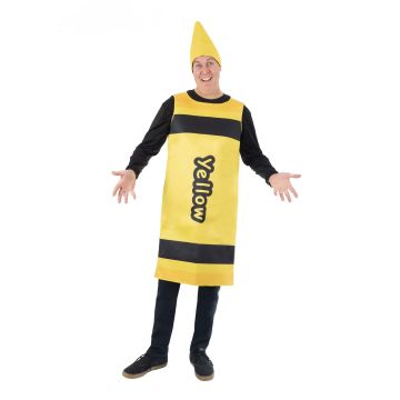 Adult yellow crayon costume with cone hat and velcro tabard