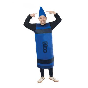 Adult blue crayon tabard costume with black stripes and conical headpiece