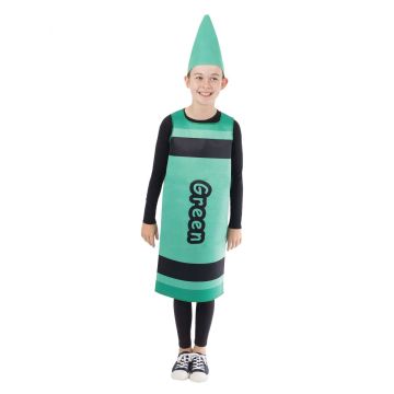 Kids green crayon tabard costume with pointed hat and Green print