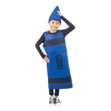 Child wearing blue crayon tabard costume with cone hat and black base layers
