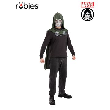 Adult Dr Doom costume cape and mask set with green hooded cloak and sculpted character mask