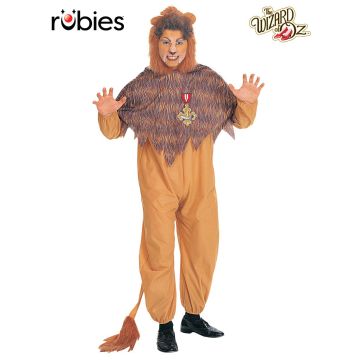 Adult Cowardly Lion costume from Wizard of Oz with tan jumpsuit and faux-fur mane