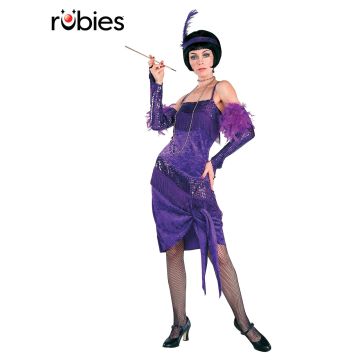 Adult purple flapper costume with velvet fringe dress and feather headpiece