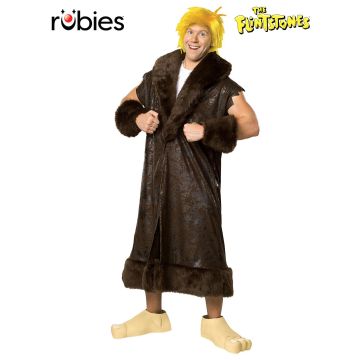 Adult Barney Rubble costume with brown tunic and blonde wig - front view
