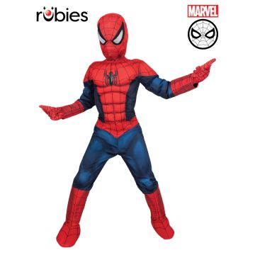 Kids Spider-Man Iron Spider costume full body front view with padded muscle jumpsuit and mask