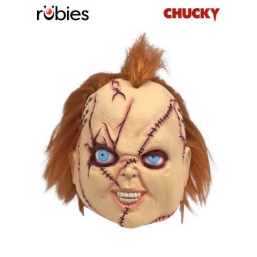 Adult Chucky overhead mask with orange hair and painted stitches
