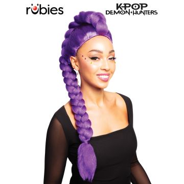 Adult K-Pop Demon Hunters Rumi purple braided wig with crown bun detail on model