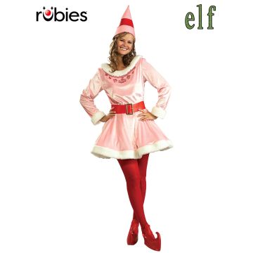 Adult Jovie Elf costume pink crushed velvet mini dress with white fur trim