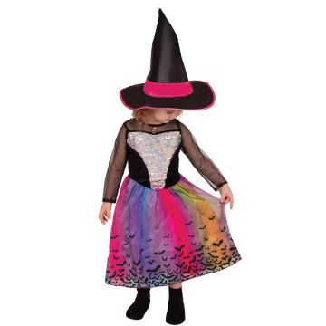Girls Rainbow Witch Costume Dress with Sequin Panel & Hat