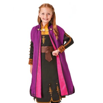 Girls Disney Frozen 2 Anna deluxe travel costume with purple cloak, embroidered black dress and belt