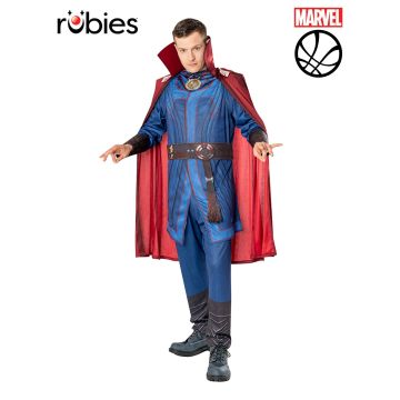 Adult Dr Strange deluxe costume with blue tunic, red cloak, and Eye of Agamotto medallion