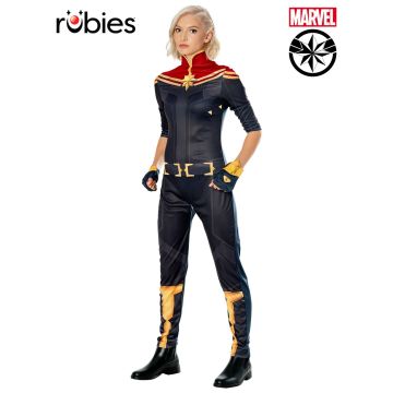 Women's Captain Marvel deluxe costume with navy jumpsuit, red cape and gold star emblem