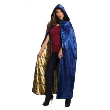 Adult Wonder Woman deluxe hooded cape in royal blue satin with geometric armor-scale print and black faux fur trim