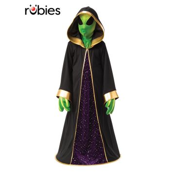 Kids alien costume with black hooded robe, gold trim, purple starfield panel, green mask and three-finger foam gloves