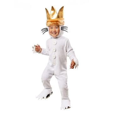 Kids Max Where The Wild Things Are costume with gold crown and white wolf suit