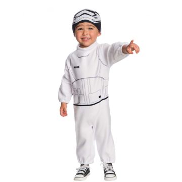 Toddler wearing white Star Wars Stormtrooper fleece jumpsuit with printed armor and matching beanie