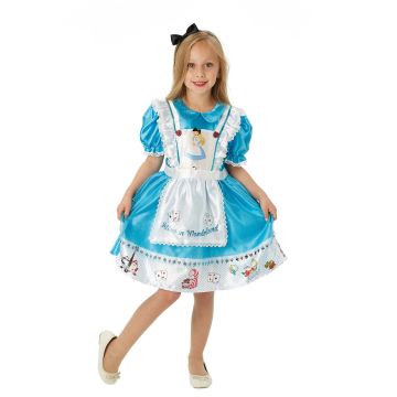 girls alice in wonderland costume dress - disney licensed blue satin with apron & bow - alternate view