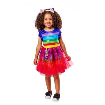 Girls Gabby's Dollhouse deluxe costume dress with rainbow striped bodice and layered tulle skirt