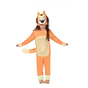 Kids Bingo costume from Bluey - orange and cream Red Heeler jumpsuit with attached tail