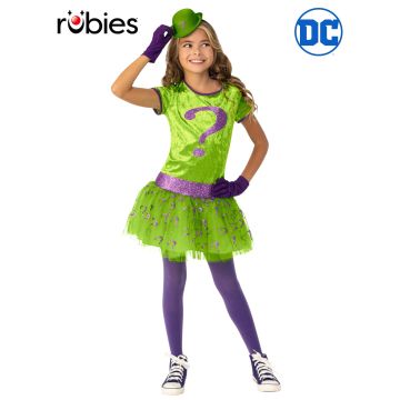 Girls The Riddler tutu dress costume with purple glitter question mark, green velvet bodice and matching hat