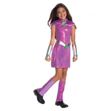 Girls Starfire costume dress with purple metallic fabric and silver belt
