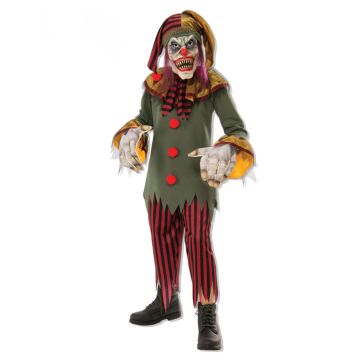 Kids scary clown costume with full-face jester mask and striped pants