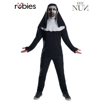Adult The Nun costume with black habit top, white hood, and demonic vinyl face mask