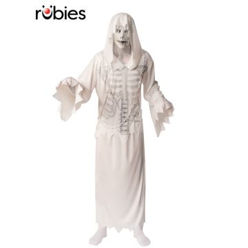 Adult white hooded ghost robe with printed skeleton ribcage and plastic chains
