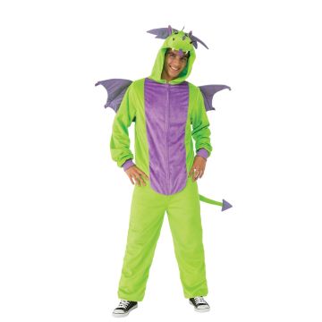 Adult Dragon Onesie Costume - Lime Green & Purple Plush Jumpsuit with Wings and Tail