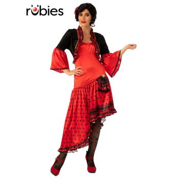 Ladies red and black Spanish Flamenco dancer costume with polka dot tiered skirt