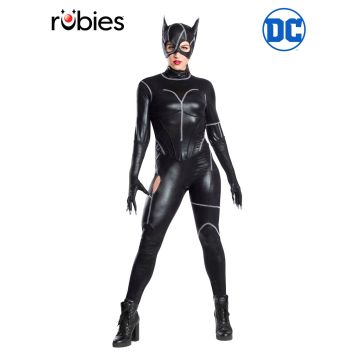 Adult Catwoman costume full body view - black wet-look bodysuit with silver stitching