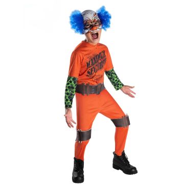 Kids orange prison jumpsuit clown costume with Maximum Security print and green skull sleeves