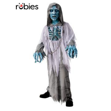 Kids white demon ghost costume with tattered robe and blue ribcage detail