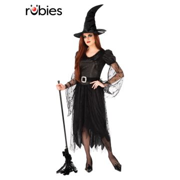 Womens black witch costume full length dress with silver bodice and spider web lace sleeves