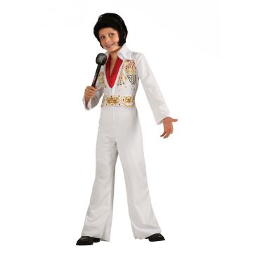 Kids Elvis Presley white jumpsuit costume with printed jewels and red collar