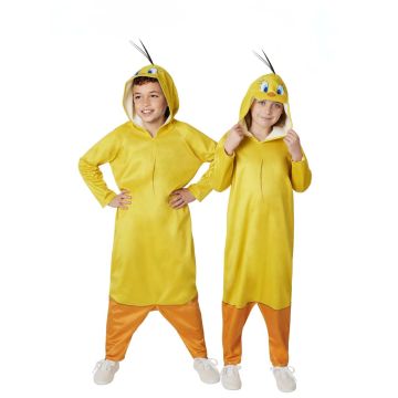 Kids Tweety Bird costume yellow jumpsuit with hood and 3D hair strands
