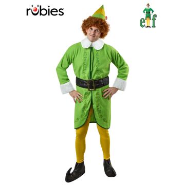 Adult Buddy the Elf costume with green jacket, yellow tights, striped hat and curly wig