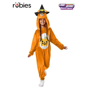 Kids Care Bears Trick Or Sweet Halloween costume - orange plush jumpsuit with jack-o'-lantern belly badge and witch hat hood