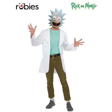 Adult Rick Sanchez costume with teal sleeveless top, white lab coat and vacuform mask