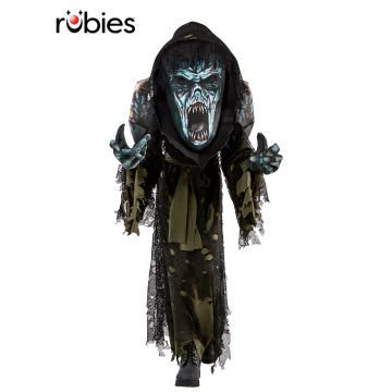 Child wearing full-body zombie creature costume with oversized screaming mask and tattered mesh robe