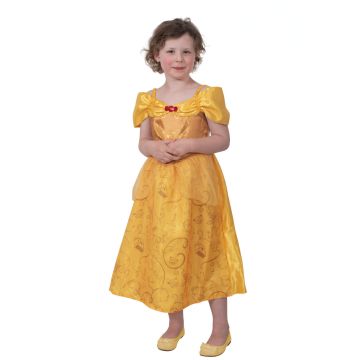 Girls Belle Disney Princess costume dress in golden yellow satin with off-shoulder sleeves and printed skirt