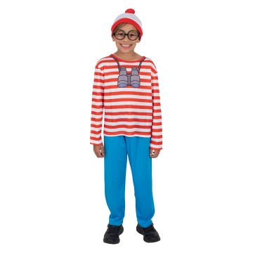 Kids Where's Wally Costume - Red Striped Shirt Pants Beanie Glasses Set