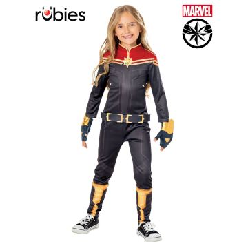 Girls Captain Marvel deluxe jumpsuit costume with red shoulders and gold star emblem