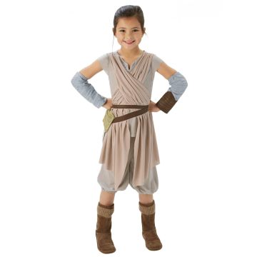 Girls Rey Star Wars costume with desert-tone tunic and arm gauntlets