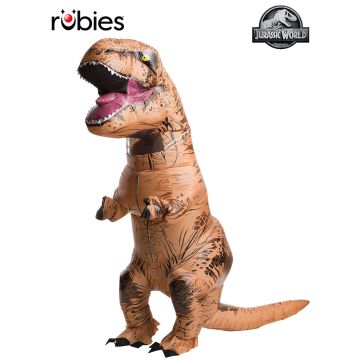 Adult Jurassic World T-Rex inflatable costume full body front view showing oversized dinosaur head and tail