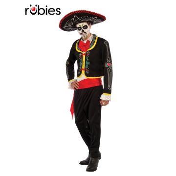 Mens Day of the Dead mariachi costume with skeleton print jacket and red sombrero