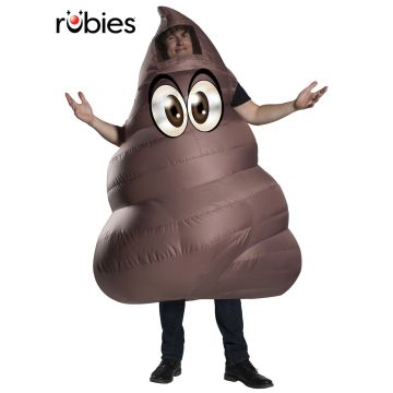 Adult inflatable poop emoji costume with printed googly eyes and clear viewing port