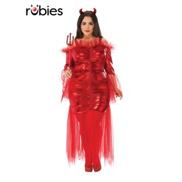 Plus size red devil costume dress with glitter tulle layers and horn headband