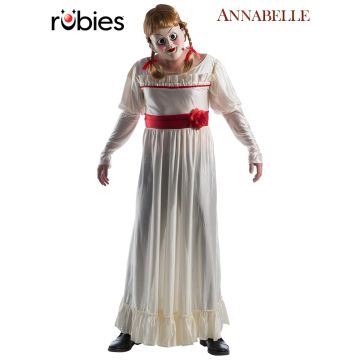 Adult Annabelle costume with cream Victorian dress, porcelain doll mask, and blonde braided wig